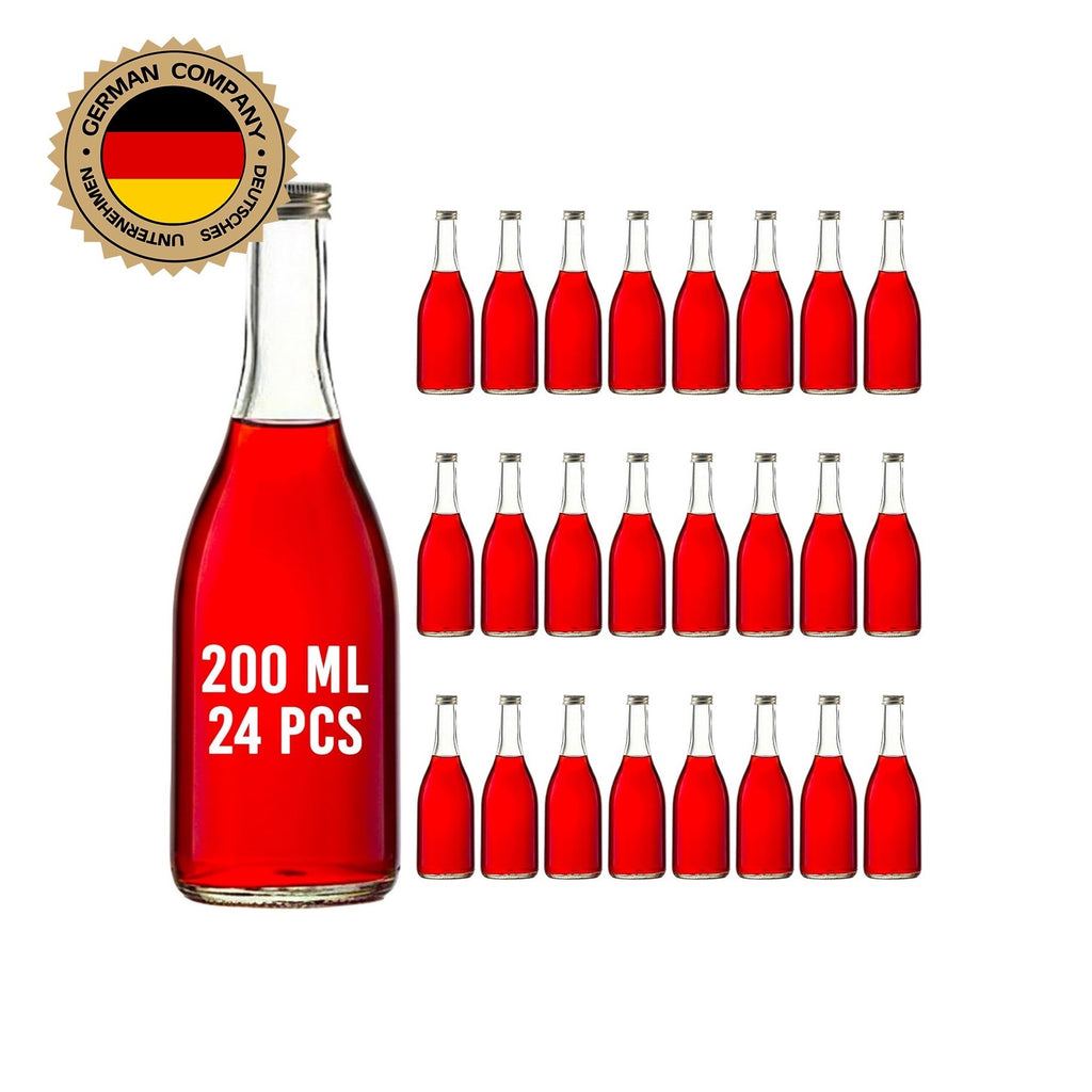 Pack of 24 clear 200 ml glass bottles with screw caps, shown filled with red liquid