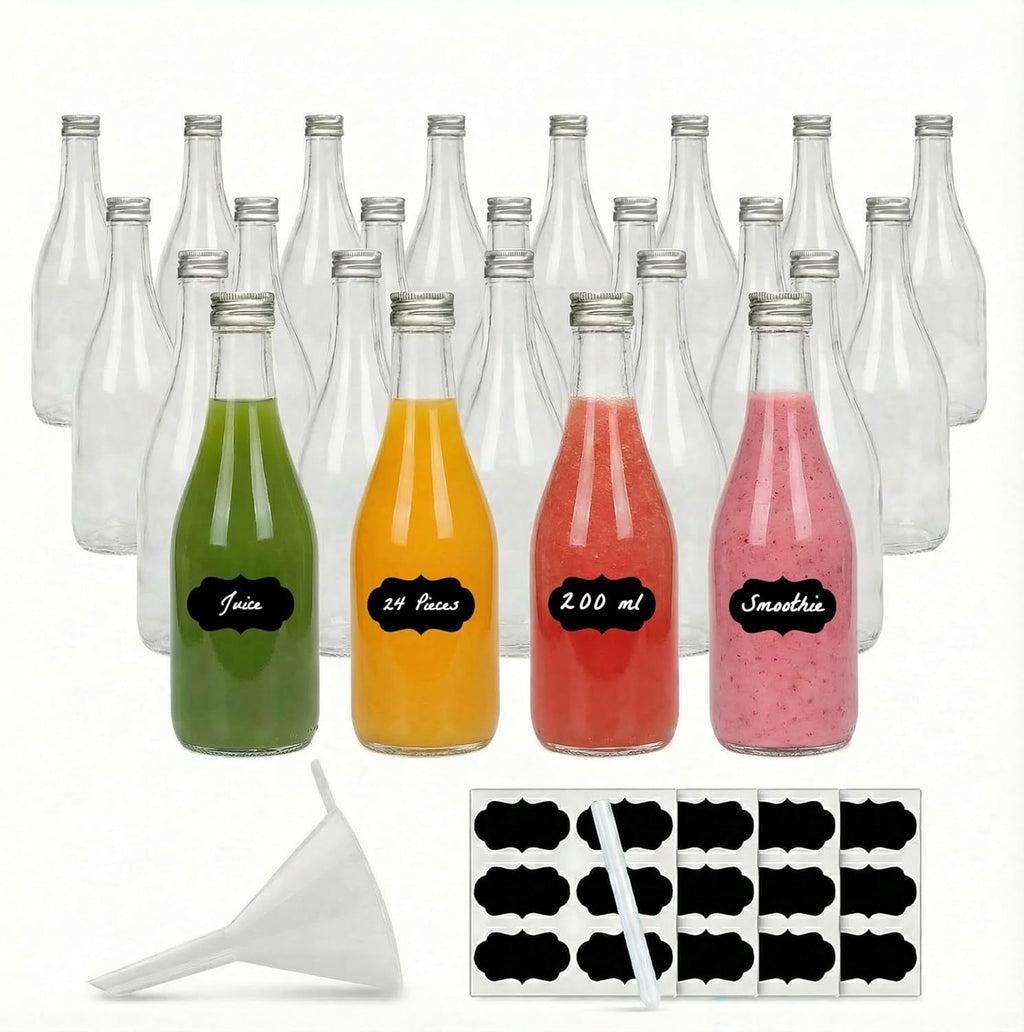 200 ml glass bottles with screw caps filled with green, orange, red and pink juices and smoothies